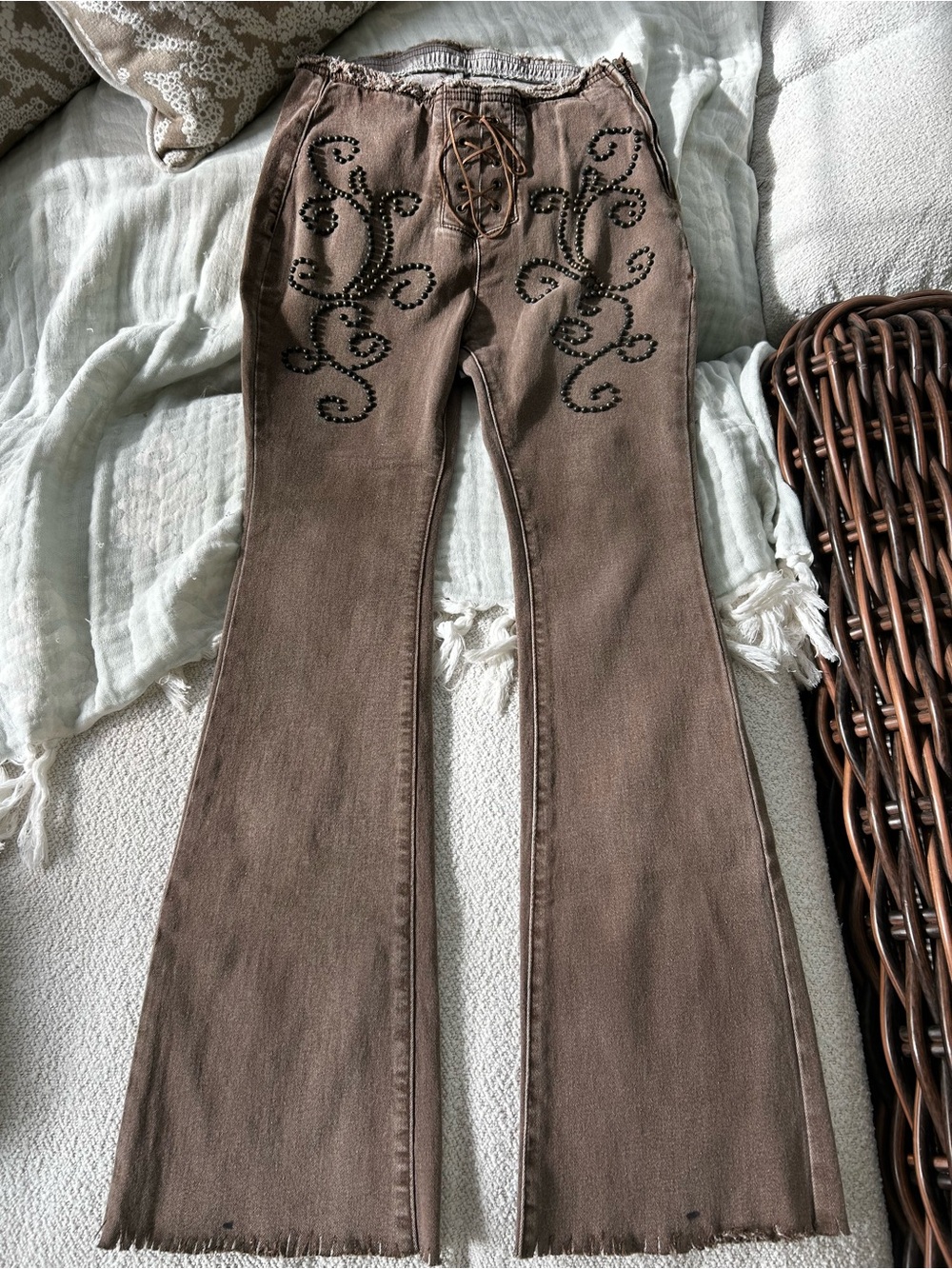 Forever 21 Brown Flare Jeans with Black Stud Embellishment